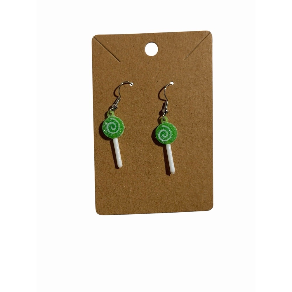 Green Glitter Lollipop Drop Earrings Swirl Candy Whimsical Jewelry